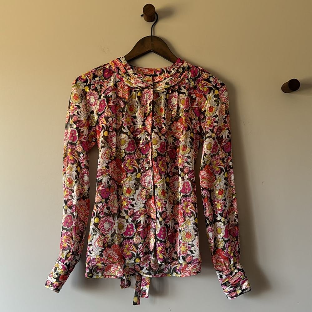 J CREW SILK SHEER FLORAL BLOUSE WITH GOLD METALLIC DETAIL SIZE 2